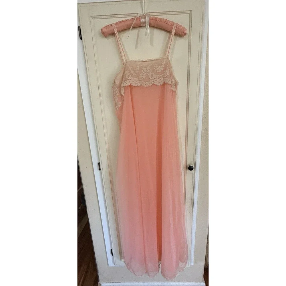 VTG Janelle Nightgown Pink/Coral Lace Bodice Floor Length Maxi Slip Dress